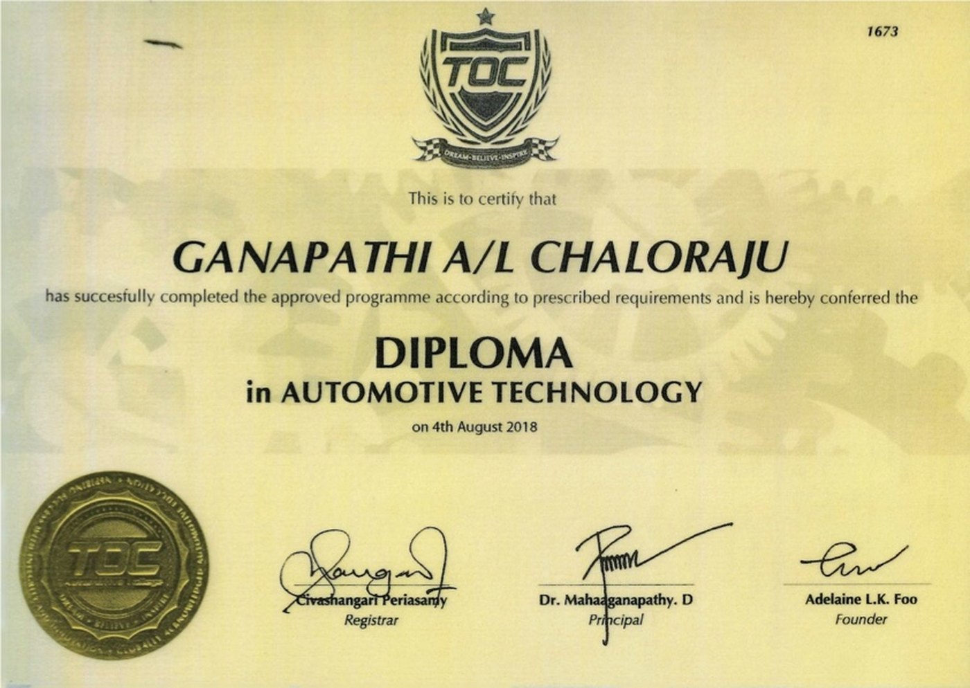 Diploma in Automotive Technology awarded to Ganapathi A/L Chaloraju by The Otomotif College, 2018