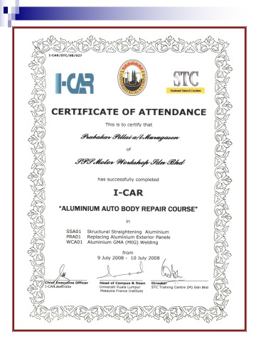 I-CAR certificate of attendance for the Aluminium Auto Body Repair Course, 2008
