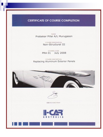 I-CAR Australia certificate of course completion, PRA 01 Replacing Aluminium Exterior Panels, 2008