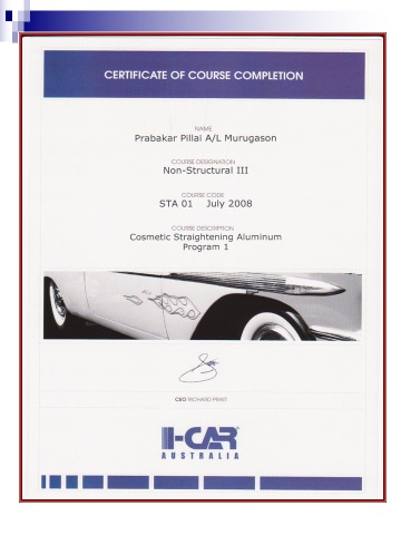 I-CAR Australia certificate of course completion, STA 01 Cosmetic Straightening Aluminium, 2008